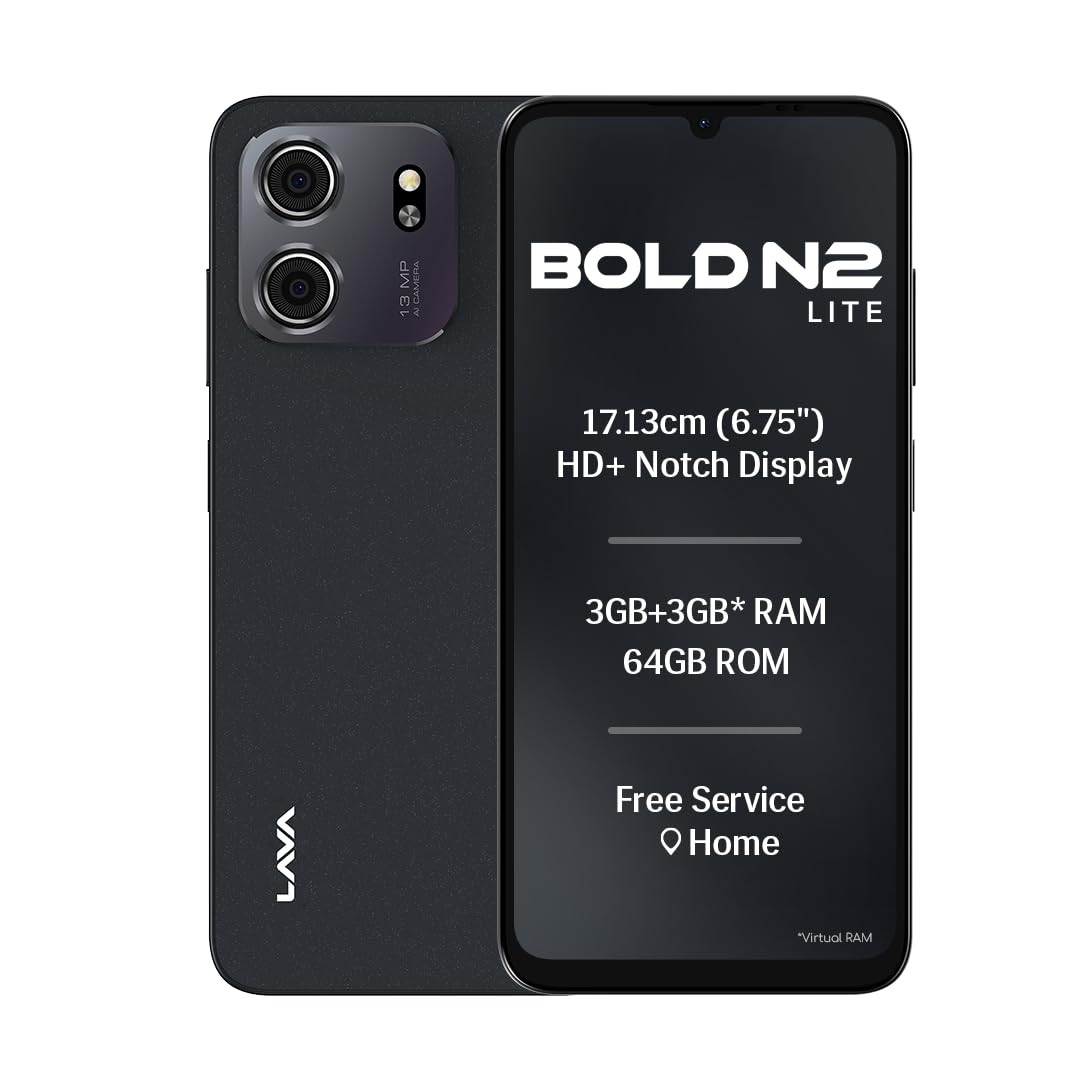 Lava Bold N2 Lite Nilgiri Blue 3 GB RAM 64 GB Storage  675 HD Display  13MP AI Dual Rear Camera  5000 mAh Battery  Secure Face Unlock  Fingerprint Reader  Charger  Phone-Cover in Box
