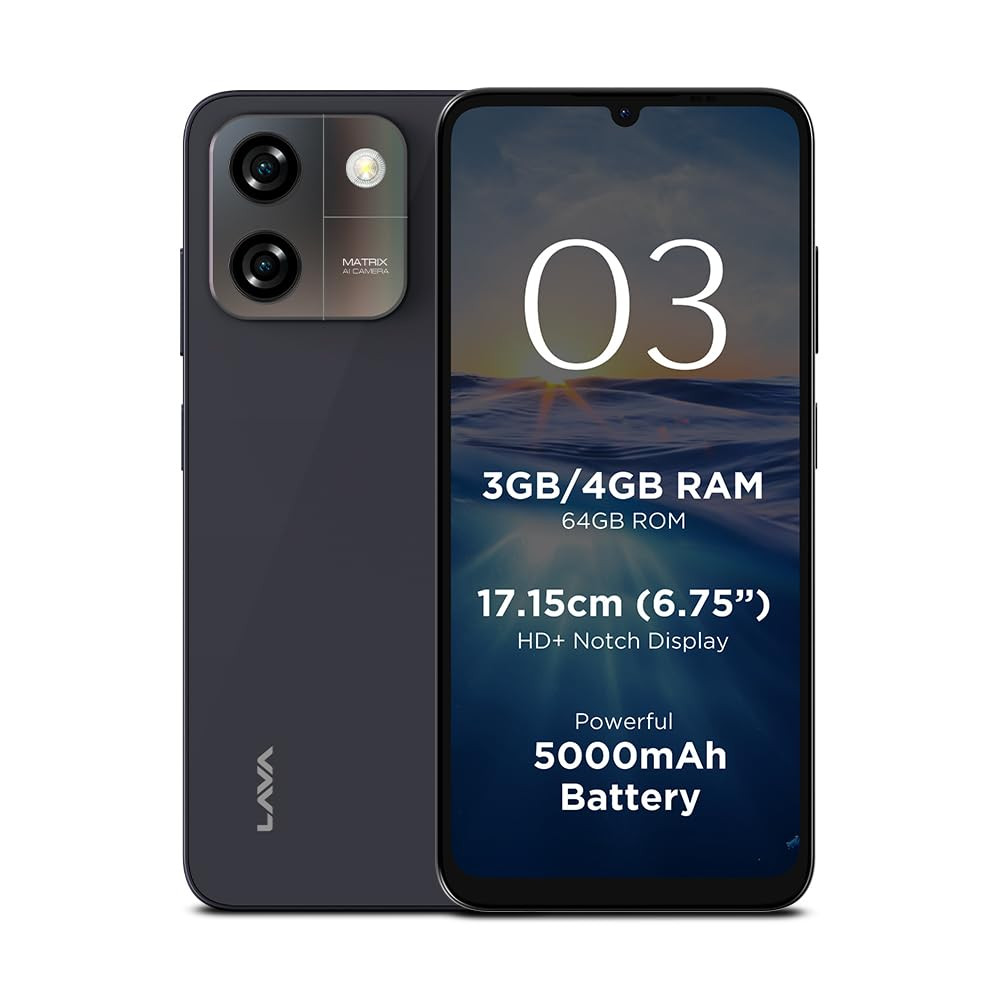 Lava O3 Glossy Black 4 GB RAM 64 GB Storage  Biggest 675 HD Display  13MP AI Dual Rear Camera  5000 mAh Battery  Secure Face Unlock  Fingerprint Reader  Charger  Phone-Cover in Box