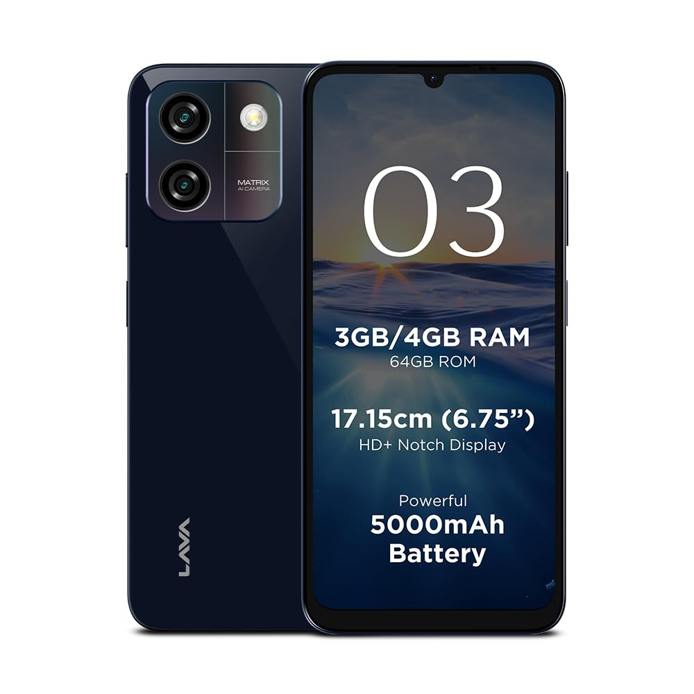 Lava O3 Glossy Blue 3 GB RAM 64 GB Storage  Biggest 675 HD Display  13MP AI Dual Rear Camera  5000 mAh Battery  Secure Face Unlock  Fingerprint Reader  Charger  Phone-Cover in Box