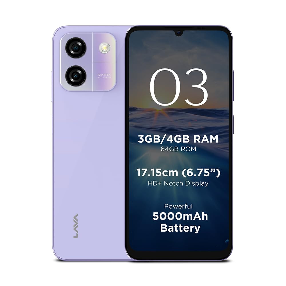 Lava O3 Glossy Lavender 3 GB RAM 64 GB Storage  Biggest 675 HD Display  13MP AI Dual Rear Camera  5000 mAh Battery  Secure Face Unlock  Fingerprint Reader  Charger  Phone-Cover in Box