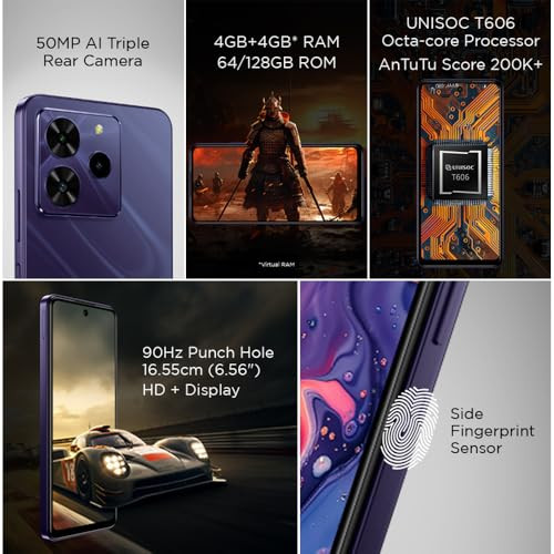Lava O3 Pro Glossy Purple 4 GB RAM 128 GB Storage Bigger 656 HD Display  50 MP AI Triple Rear Camera  8 MP Front Camera 5000 mAh Battery  10W Charging  Charger in Box