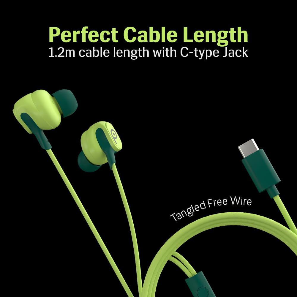 Lava Probuds E1c in Ear Earphone  12mm Bass Boosted Copper Driver with Pocket Comfy C Type Jack with Wire Protector  Dual Tone Stylish Design  in-Built Mic  IPX4 Water Resistant Green