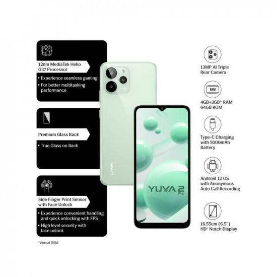 Lava Yuva 2 Pro (Glass Green, 4GB RAM, 64GB Storage )