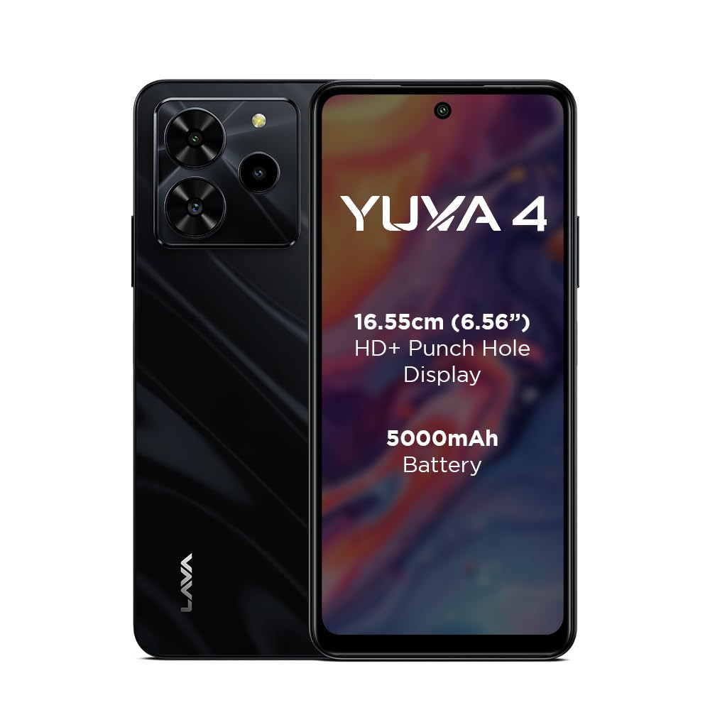 Lava Yuva 4 Glossy Black 4 GB RAM 128 GB Storage Bigger 656 HD Display  50 MP AI Triple Rear Camera  8 MP Front Camera 5000 mAh Battery  10W Charging  Charger in Box