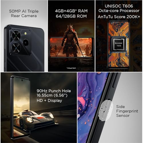 Lava Yuva 4 Glossy Black 4 GB RAM 128 GB Storage Bigger 656 HD Display  50 MP AI Triple Rear Camera  8 MP Front Camera 5000 mAh Battery  10W Charging  Charger in Box