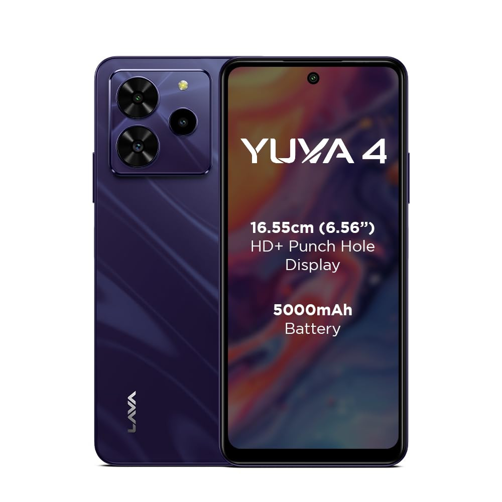 Lava Yuva 4 Glossy Purple 4 GB RAM 128 GB Storage Bigger 656 HD Display  50 MP AI Triple Rear Camera  8 MP Front Camera 5000 mAh Battery  10W Charging  Charger in Box