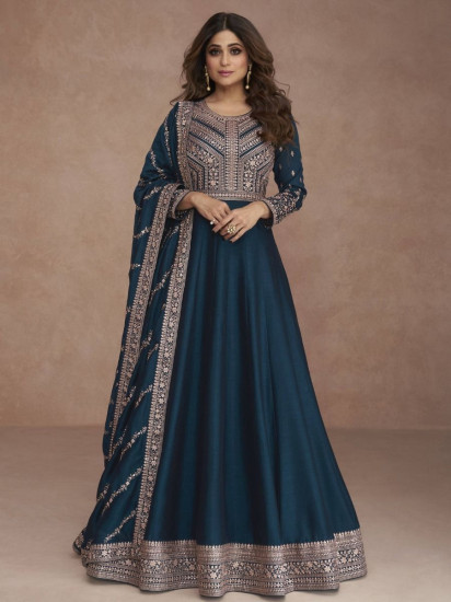 Lavish Peacock Blue Embroidered Silk Party Wear Gown