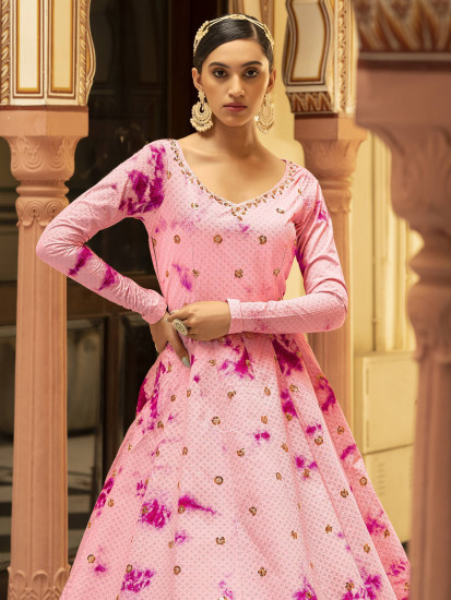 Lavish Pink Shibori Print Sequins Embroidered Cotton Anarkali Gown