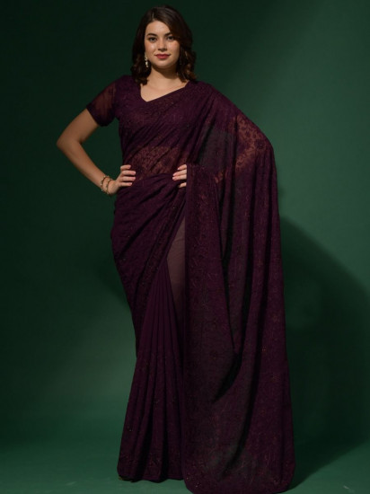 Lavish Wine Color Sequined Silk Cocktail Party Saree With Blouse(Un-Stitched)