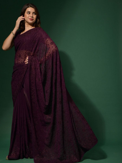 Lavish Wine Color Sequined Silk Cocktail Party Saree With Blouse(Un-Stitched)