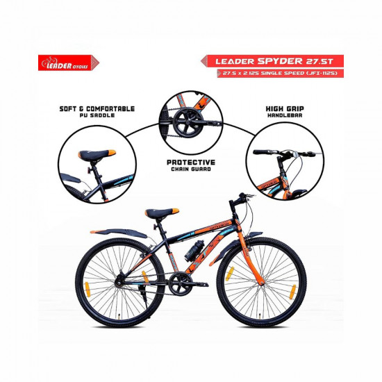 Leader Spyder 27 5T MTB Cycle Bike Single Speed with Complete Accessories for Men Matt Black Orange Ideal for 15 Years