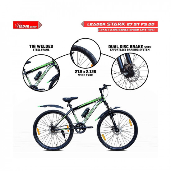Leader Stark 27.5T MTB Cycle/Bike with Dual Disc Brake and Front Suspension Single Speed for Men - Matt Black/Green Ideal for 15+ Years | Frame: 19 Inches