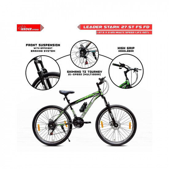 Leader Stark 27.5T MultiSpeed (21-Speed) MTB Cycle with Front Suspension and Dual Disc Brake Mountain Bicycle/Bike for Men - Matt Black/Green Ideal for 15+ Years | Frame: 19 Inches
