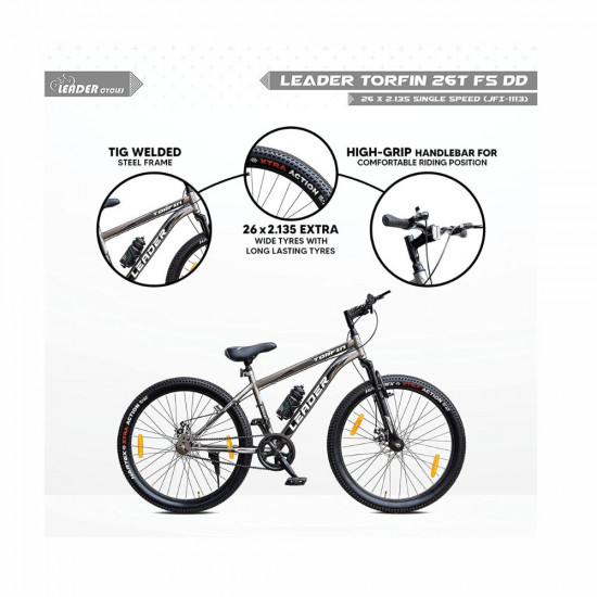 Leader TORFIN MTB 26T Mountain Bicycle Bike Without Gear Single Speed with Front Suspension and Dual Disc Brake for Men Ideal for 10 Years Frame 18 Inches 26T