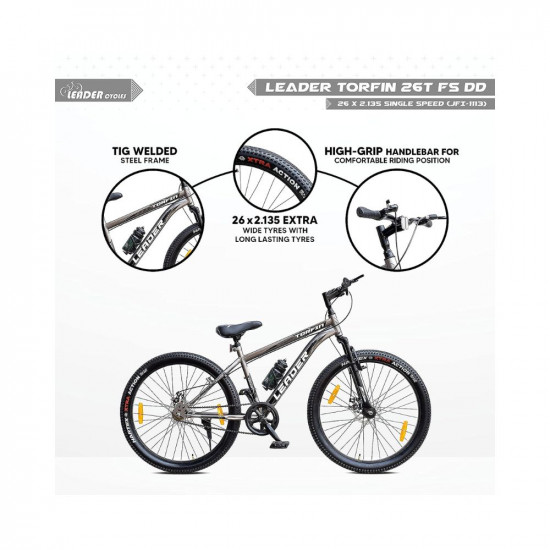 Leader TORFIN MTB 26T Mountain Bicycle/Bike Without Gear Single Speed with Front Suspension and Dual Disc Brake for Men - Ideal for 10+ Years (Frame: 18 Inches) (26T, Grey)