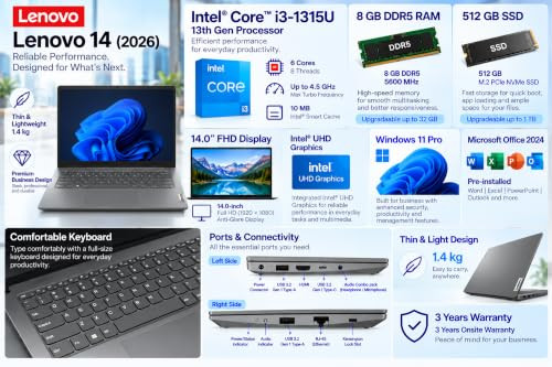Lenovo 14 2026 Intel Core i3 13th Gen 1315U - 8 GB DDR5512 GB SSDIntel UHD GraphicsWindows 11 Pro Thin and Light Business Laptop140 FHDGreyCopilot Key14 kgMSO 20243 Years Warranty - Image 2