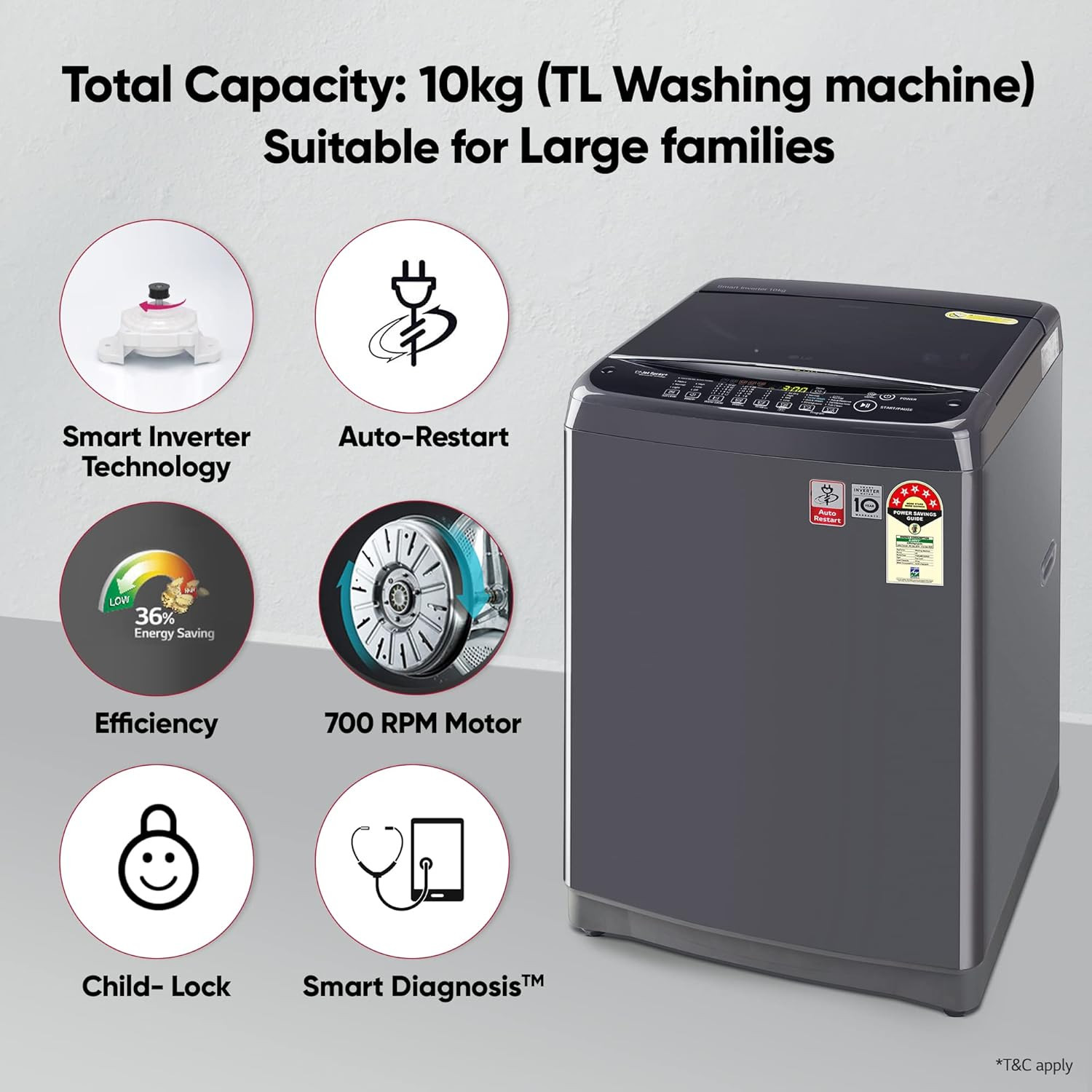 LG 10 Kg 5 Star Inverter Turbo Drum Fully Automatic Top Loading Washing Machine T10SJMB1Z Jet Spray Smart Closing Door Middle Black