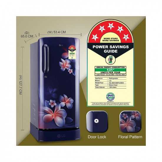 LG 185 L 5 Star Inverter Direct-Cool Single Door Refrigerator (GL-D201ABPU, Blue Plumeria, Fast Ice Making, Base stand with drawer)