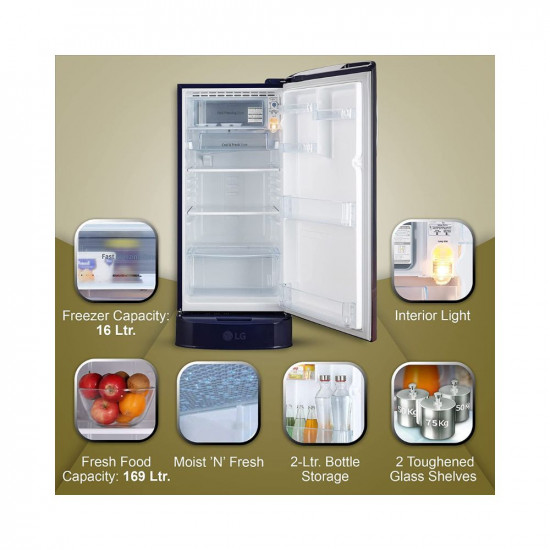 LG 185 L 5 Star Inverter Direct-Cool Single Door Refrigerator (GL-D201ABPU, Blue Plumeria, Fast Ice Making, Base stand with drawer)