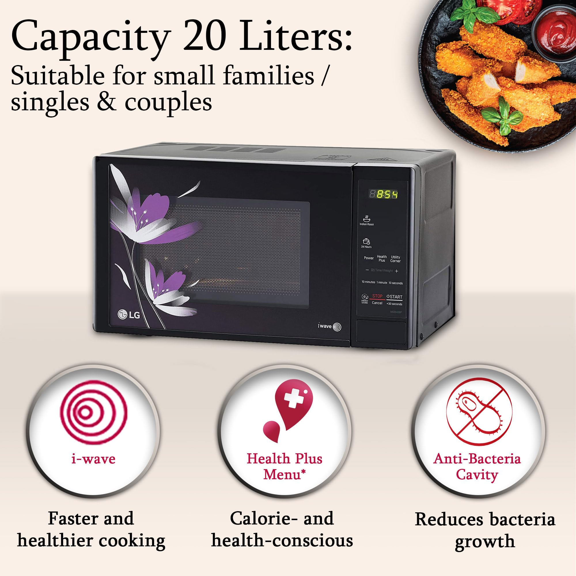 LG 20 L Solo Microwave Oven MS2043BP Black Health plus Menu I-Wave Technology Indian Cuisine Even Reheat Defrost Auto Cook Menu Anti-Bacterial Cavity Steam Clean