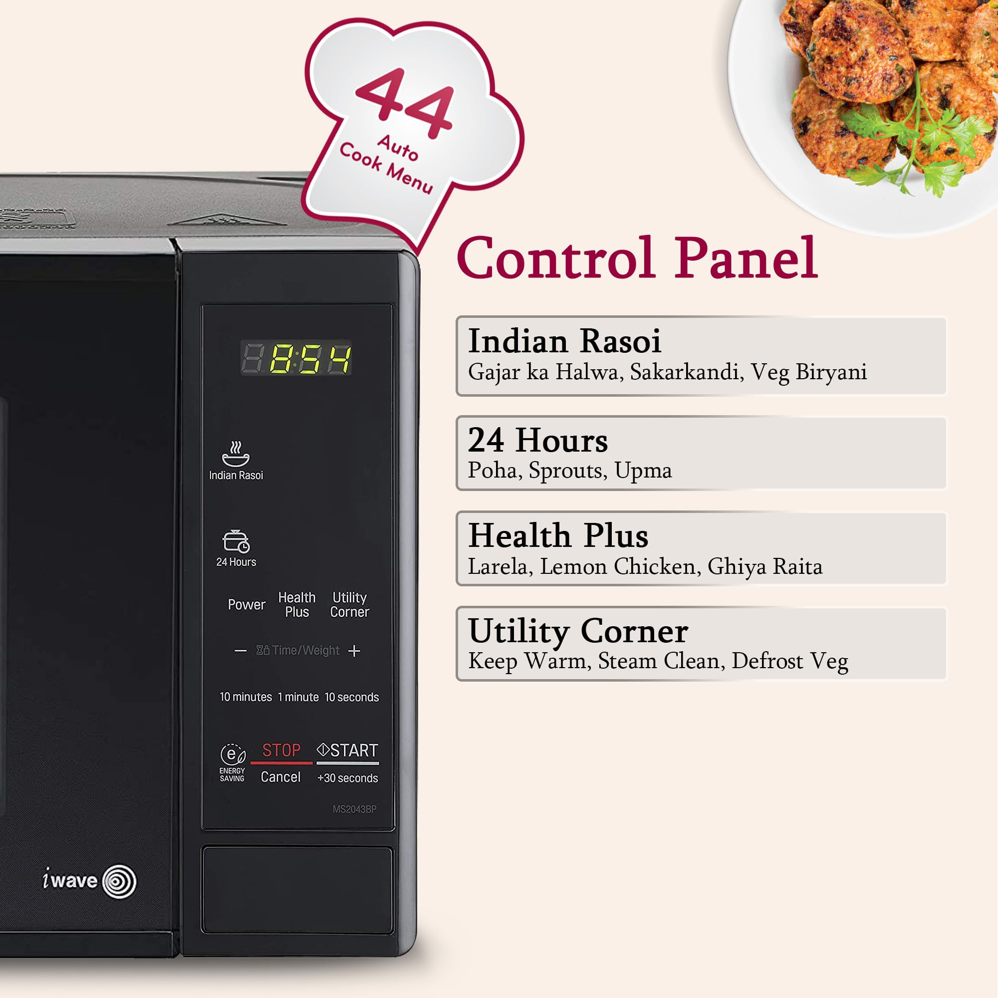 LG 20 L Solo Microwave Oven MS2043BP Black Health plus Menu I-Wave Technology Indian Cuisine Even Reheat Defrost Auto Cook Menu Anti-Bacterial Cavity Steam Clean