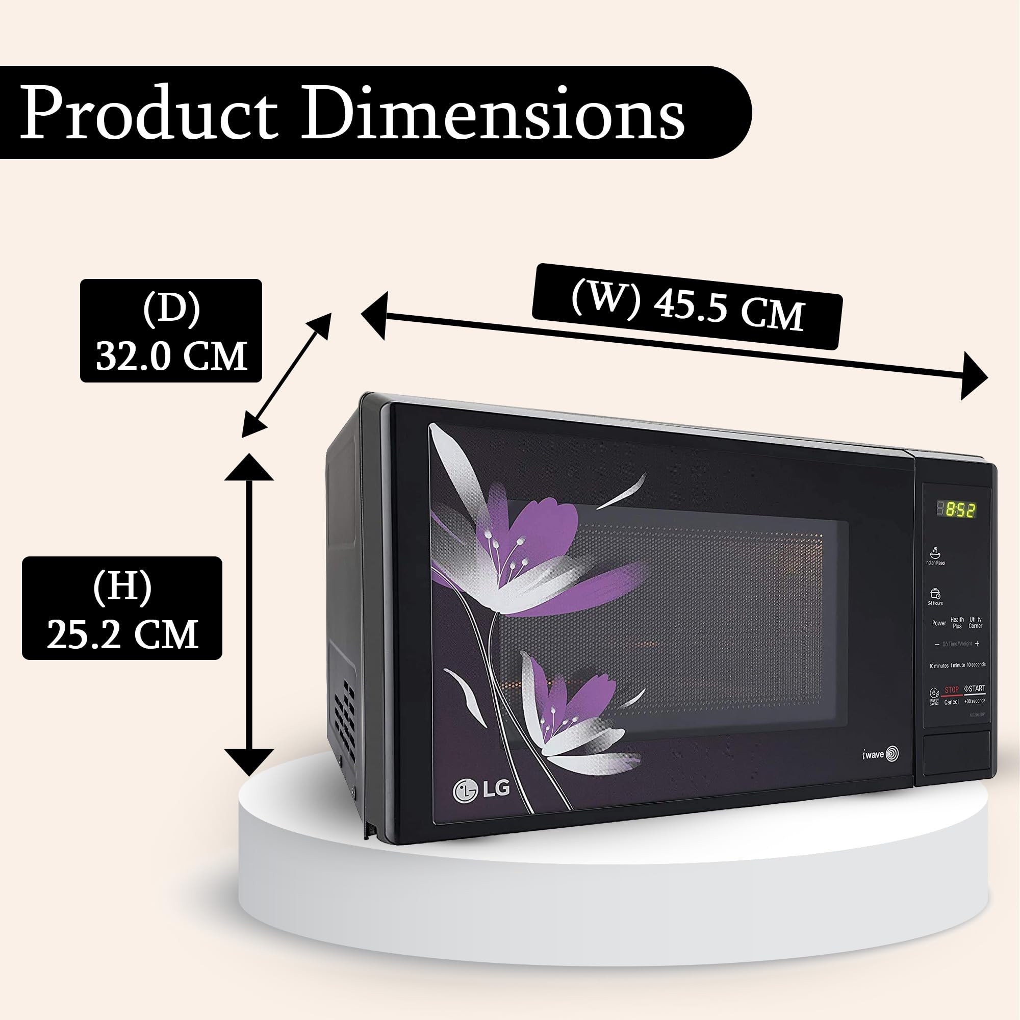 LG 20 L Solo Microwave Oven MS2043BP Black Health plus Menu I-Wave Technology Indian Cuisine Even Reheat Defrost Auto Cook Menu Anti-Bacterial Cavity Steam Clean