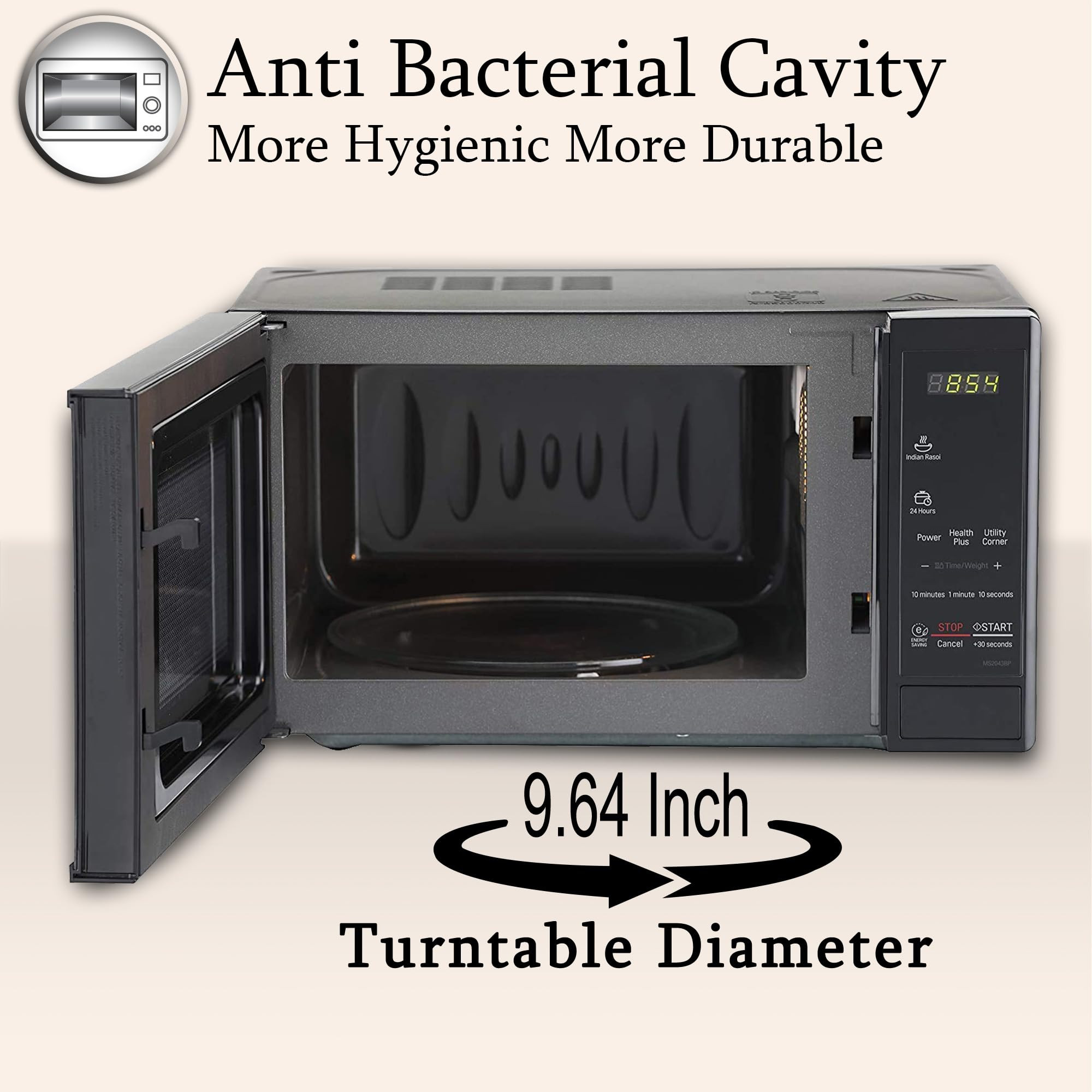 LG 20 L Solo Microwave Oven MS2043BP Black Health plus Menu I-Wave Technology Indian Cuisine Even Reheat Defrost Auto Cook Menu Anti-Bacterial Cavity Steam Clean