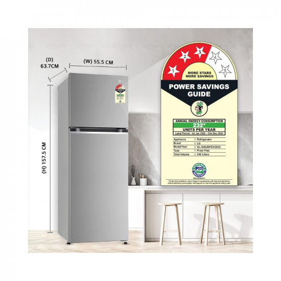 LG 246 L 3 Star Frost-Free Smart Inverter Double Door Refrigerator (‎GL-S262SPZX, Shiny Steel, Convertible, Gross Volume- 263 L)