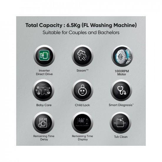 LG 6.5 Kg 5 Star Inverter Direct Drive Fully Automatic Front Load Washing Machine (FHM1065SDW, Steam Wash, In-Built Heater, Touch Panel, White
