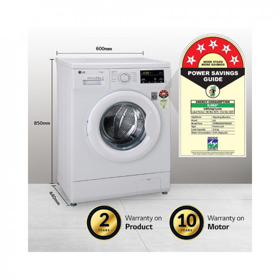 LG 6.5 Kg 5 Star Inverter Direct Drive Fully Automatic Front Load Washing Machine (FHM1065SDW, Steam Wash, In-Built Heater, Touch Panel, White