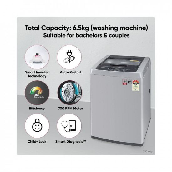LG 6.5 Kg 5 Star Inverter Turbodrum Fully Automatic Top Loading Washing Machine (T65SKSF4Z, 3 Smart Motion, Tub Clean, Middle Free Silver)
