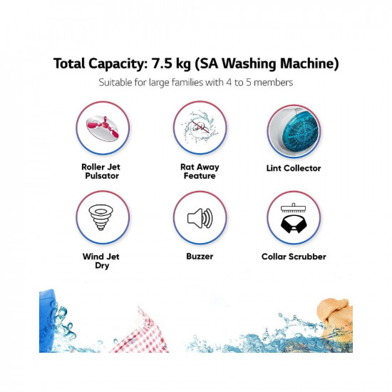 LG 7 5 Kg 5 Star Wind Jet Dry Semi Automatic Top Loading Washing Machine P7525SPAZ