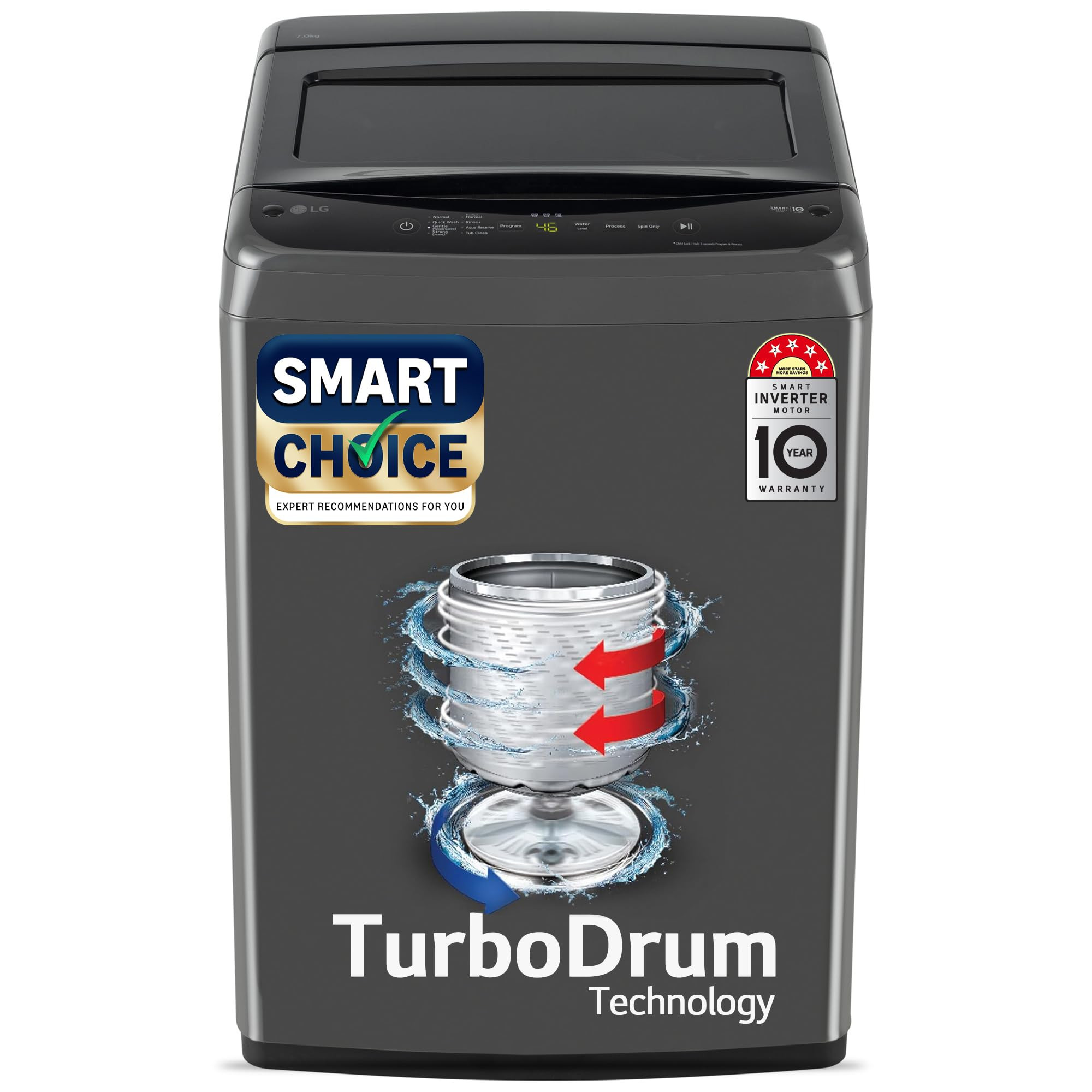 LG 7 Kg 5 Star Smart Inverter Technology Fully Automatic Top Load Washing Machine T70VBMB1Z Auto Prewash Turbodrum Stainless Steel drum LED Display Smart Diagnosis Middle Black