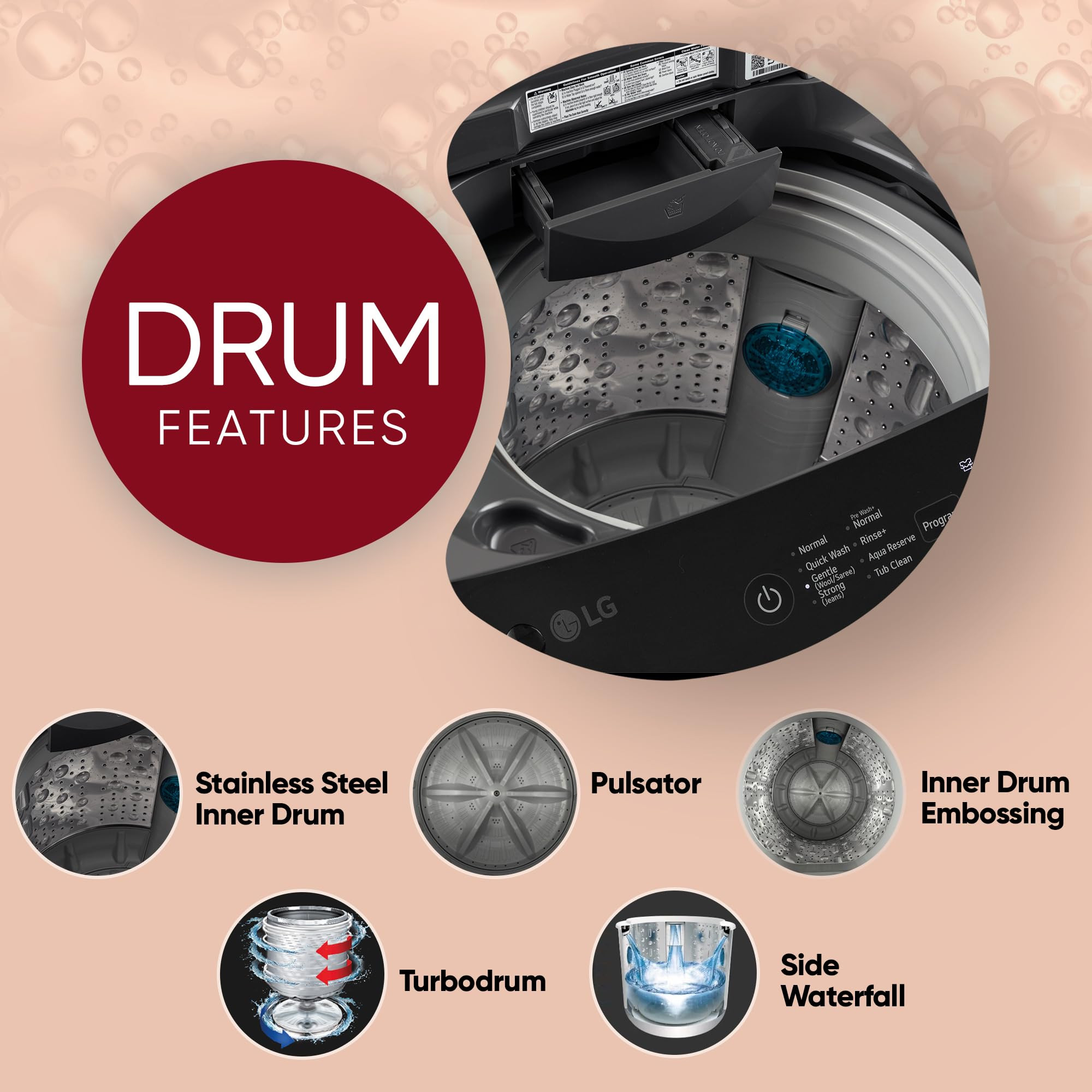 LG 7 Kg 5 Star Smart Inverter Technology Fully Automatic Top Load Washing Machine T70VBMB1Z Auto Prewash Turbodrum Stainless Steel drum LED Display Smart Diagnosis Middle Black