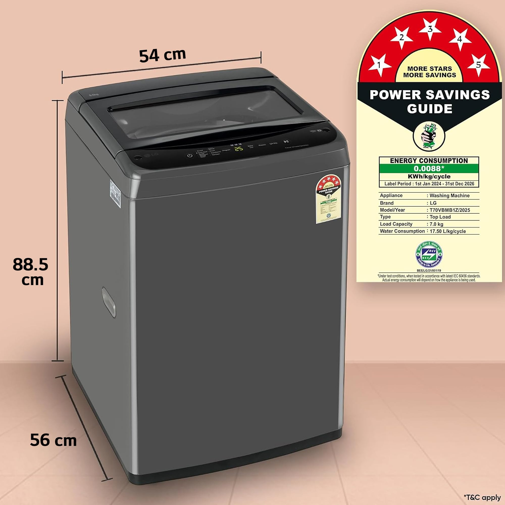 LG 7 Kg 5 Star Smart Inverter Technology Fully Automatic Top Load Washing Machine T70VBMB1Z Auto Prewash Turbodrum Stainless Steel drum LED Display Smart Diagnosis Middle Black