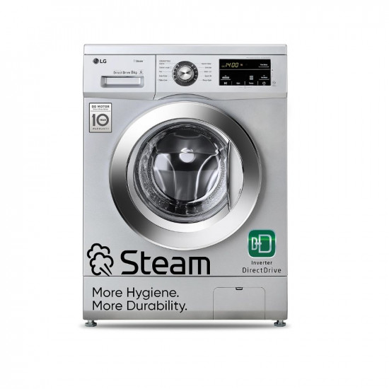 LG 8 Kg 5 Star Inverter Direct Drive Fully Automatic Front Load Washing Machine (FHM1408BDL, Steam, In-Built Heater, Touch Panel, Silver)