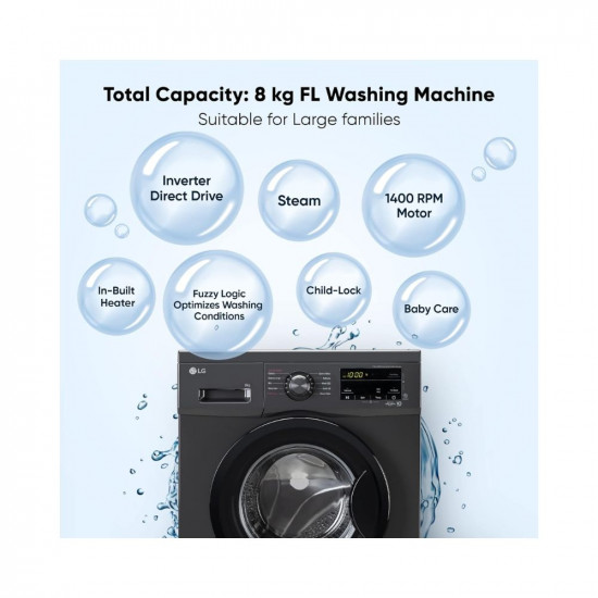LG 8 Kg 5 Star Inverter Direct Drive Touch Panel Fully Automatic Front Load Washing Machine (FHM1408BDM, Steam for Hygiene, In-Built Heater, 6 Motion DD, Middle Black)