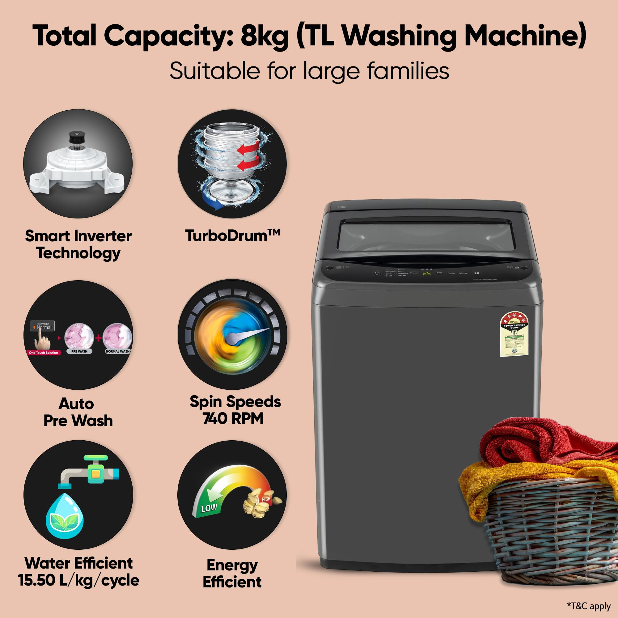 LG 8 Kg 5 Star Smart Inverter Technology Fully Automatic Top Load Washing Machine T80VBMB4Z Turbodrum Auto Prewash Stainless Steel drum LED Display Smart Diagnosis Middle Black