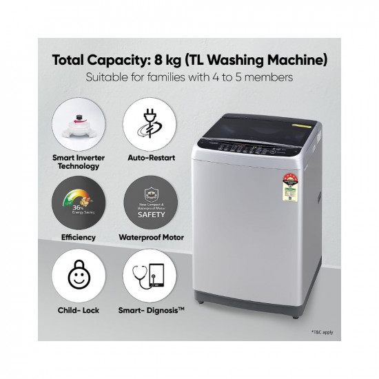 LG 8.0 Kg Inverter Fully-Automatic Top Loading Washing Machine (T80SJSF1Z, Middle Free Silver)