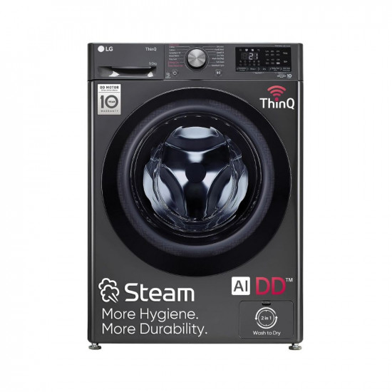 LG 9 Kg (Wash) / 5 Kg (Dry) AI Direct Drive with Wi-Fi Fully Automatic Front-Loading Washer Dryer (FHD0905SWM, With Steam remove allergen, Middle Black