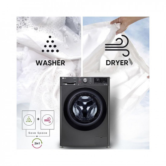 LG 9 Kg (Wash) / 5 Kg (Dry) AI Direct Drive with Wi-Fi Fully Automatic Front-Loading Washer Dryer (FHD0905SWM, With Steam remove allergen, Middle Black