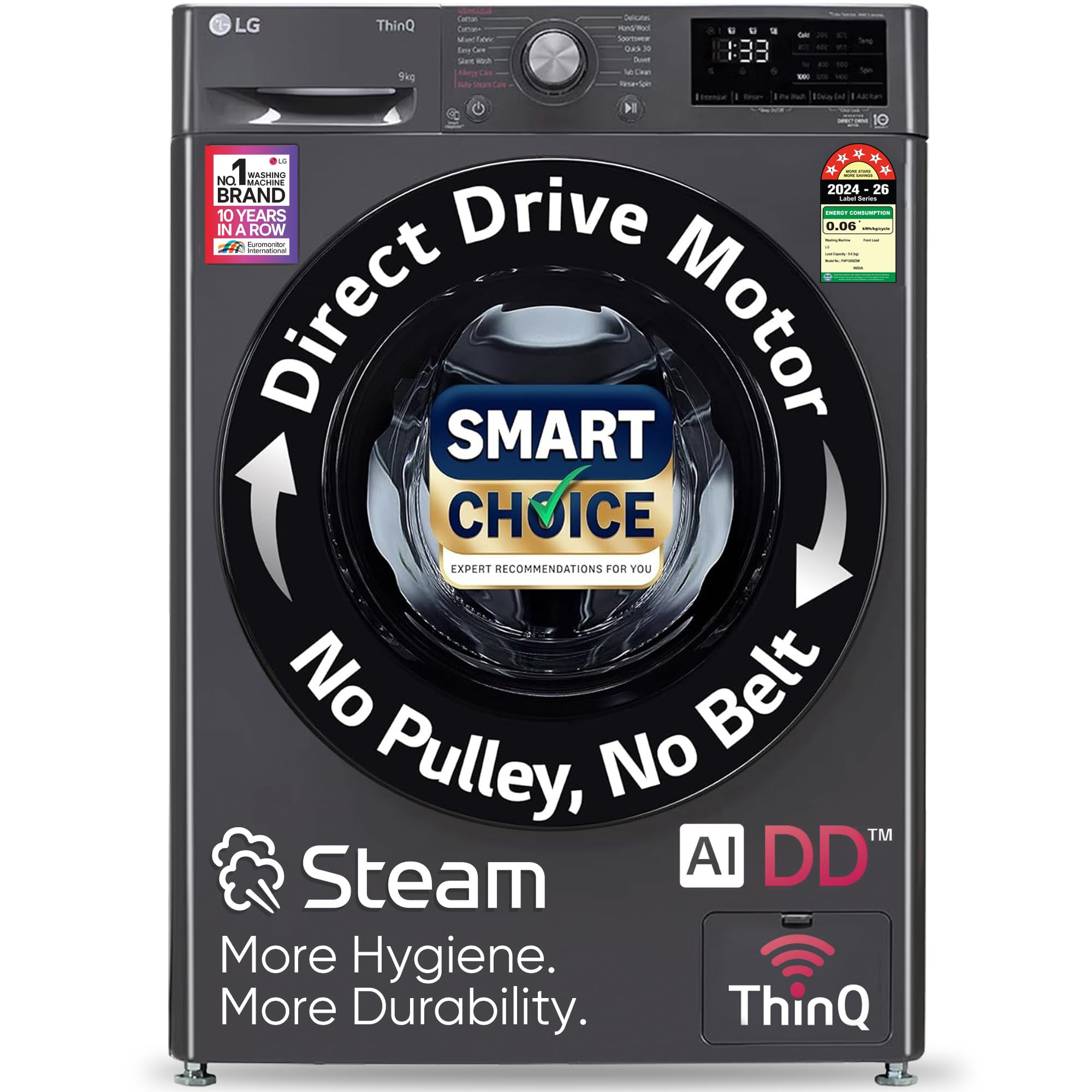 LG Smart Choice 9 Kg 5 Star AI Direct Drive Technology Steam 6 Motion DD Wi-Fi Fully-Automatic Front Load Washing Machine FHP1209Z5M Intelligent Convenient Fabric Care Middle Black