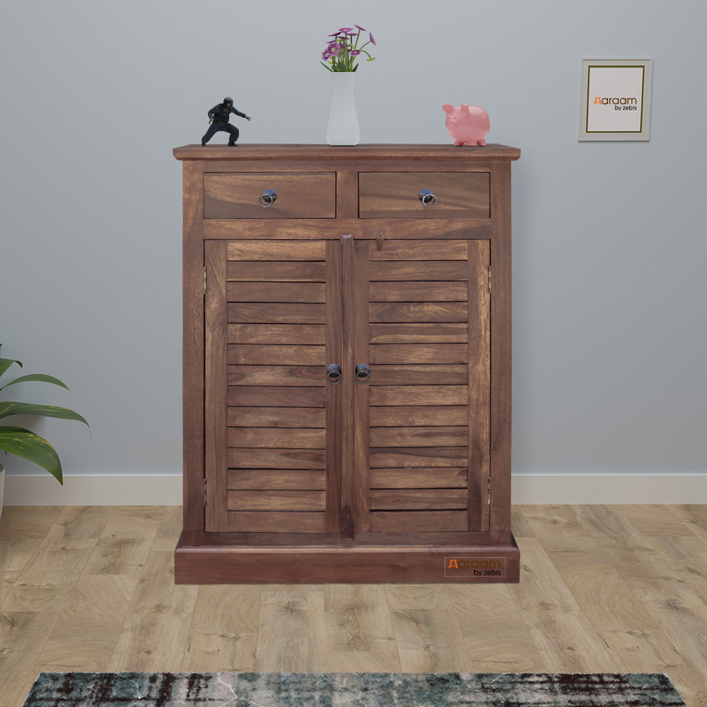 Aaram By Zebrs Sheesham Wooden Shoe  Rack Cabine 2 Drawers and 1 Door 4 Shelves