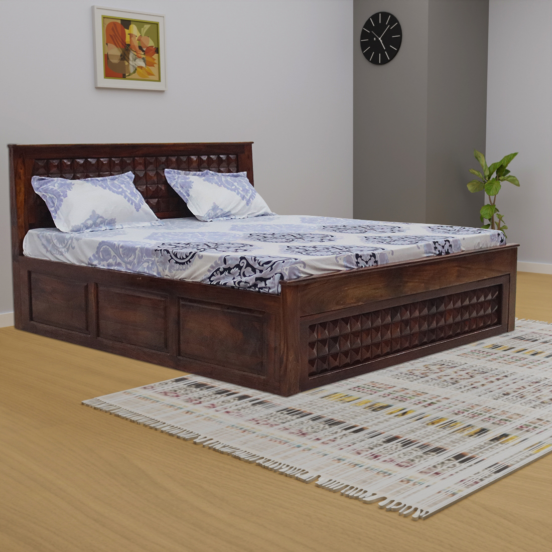 Aaram by zebrs Wood Oak Finish Queen Size Double Cart Bed
