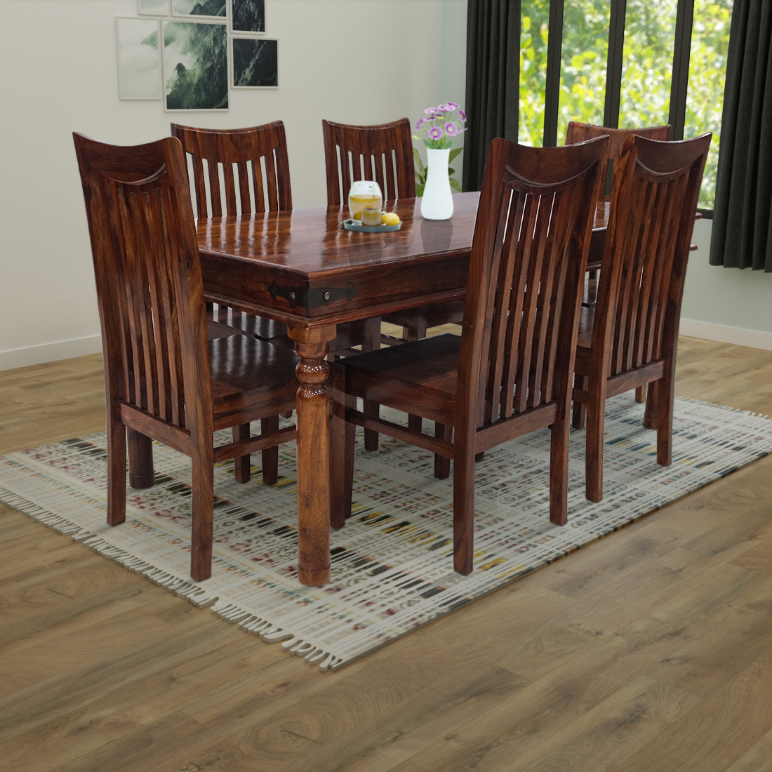 Aaram by Zebrs 6 Seater Dining Set-Natural Teak