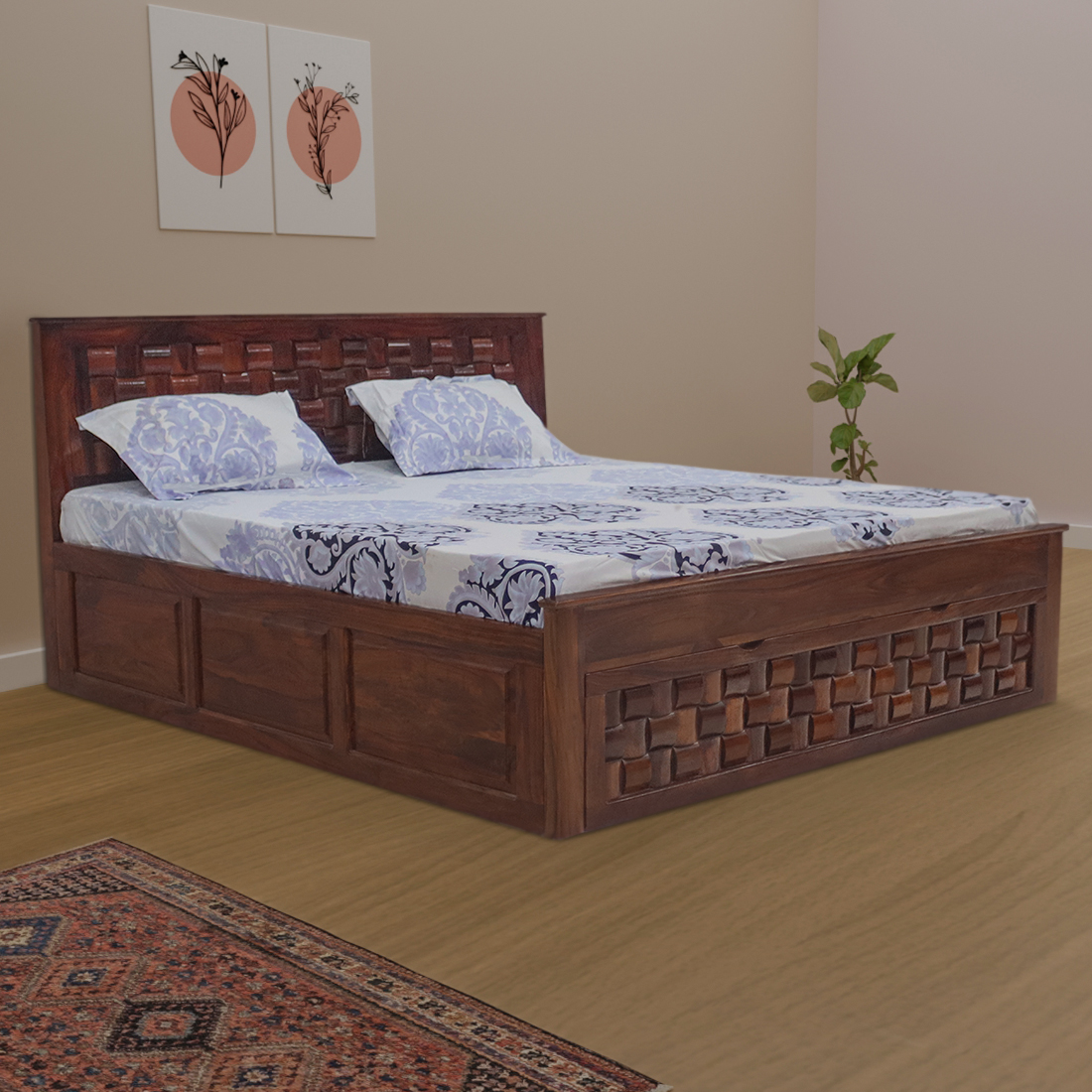 AARAM Wooden  Double Bed with Bottom Storage