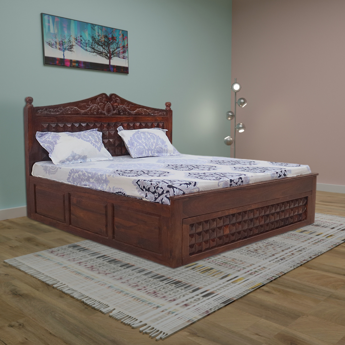 AARAM Solid Wood jali Design Bed with Box Storage