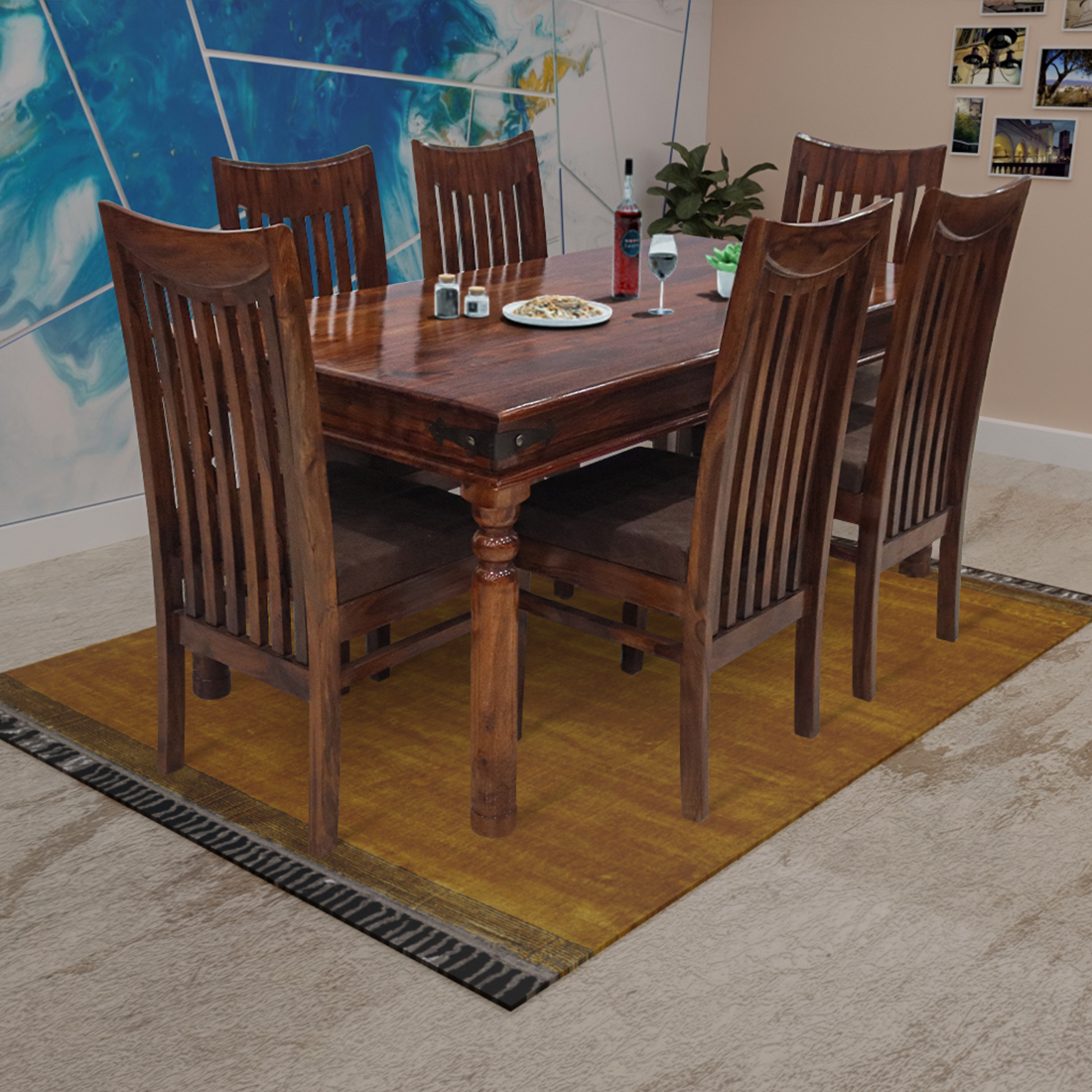 Sheesham Wood Teak Brown Finish Dining Table with 6 Seater Chairs