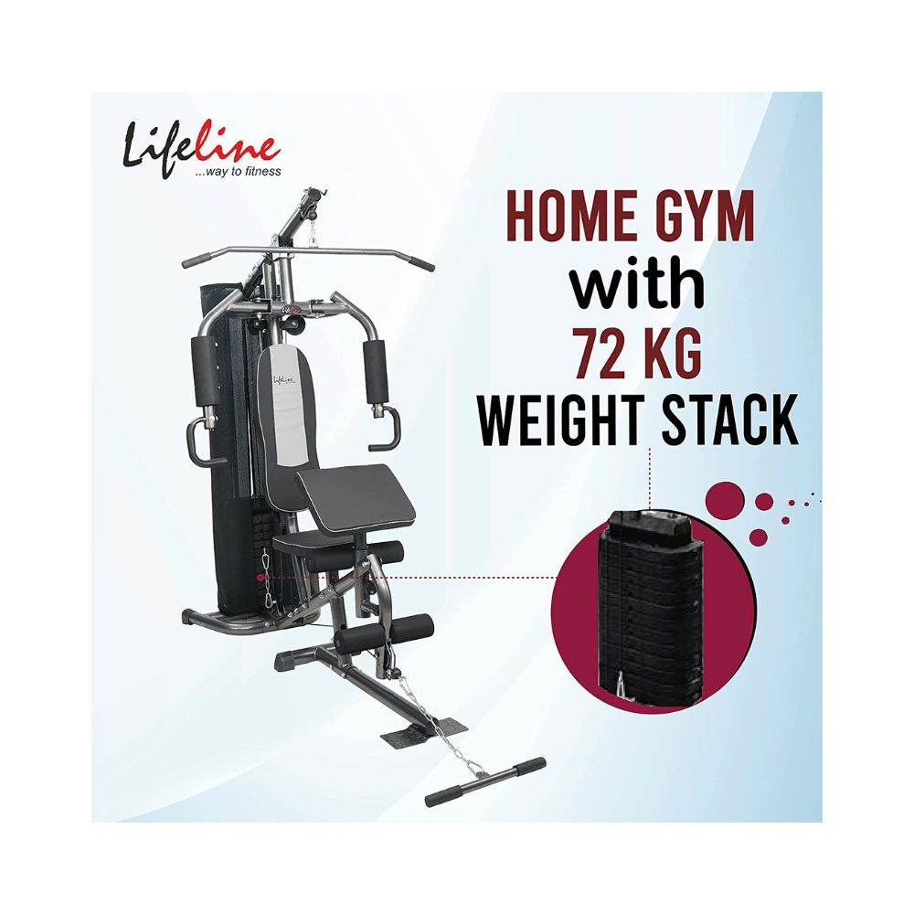 Lifeline HG-005 Home Gym with 72kg Weight Stack & Preacher Bench Attachment for Multiple Muscle Workout