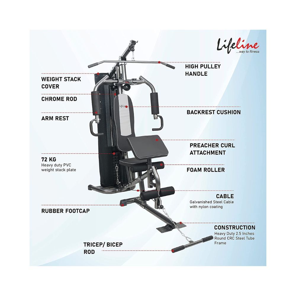 Lifeline HG-005 Home Gym with 72kg Weight Stack & Preacher Bench Attachment for Multiple Muscle Workout